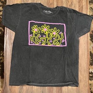 Keith Haring Grey Graphic T-Shirt Dancing Flowers